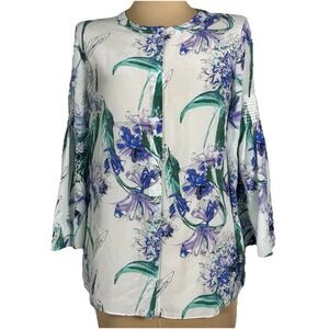 Kobi Halperin Womens 100% Silk Purple White Floral Bell Sleeve Blouse Sz Small‎